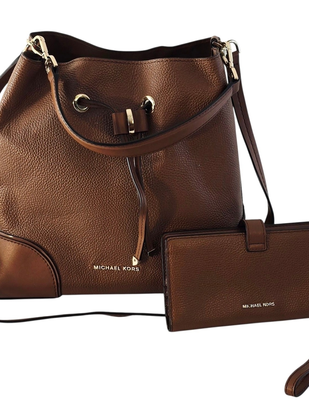 Michael Kors Brown Pebbled Leather Bucket Shoulder Bag Crossbody w/ Matching Wri